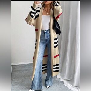 Burberry Dupe Longline Knit Cardigan Sweater Coat Beige Black Red Stripe